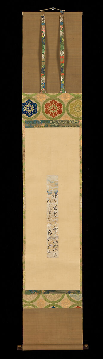 Waka Poem “Dancing Fireflies,” from The Tales of Ise, Chapter 45, Imperial Prince Sanehito (Japanese, 1573–1615), Tanzaku mounted as a hanging scroll; ink on gold, silver, and color decorated paper, Japan