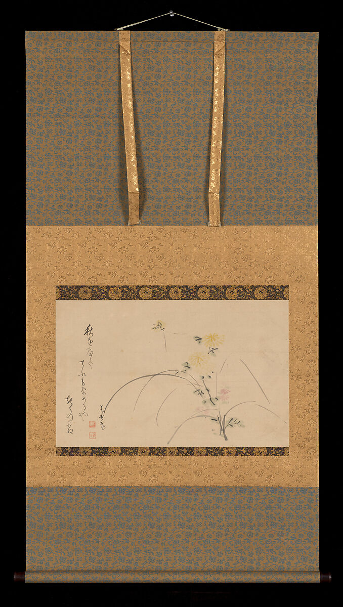 Chrysanthemums and Hokku Poem “With the Passing of Autumn”, Matsuo Bashō (Japanese, 1644–1694), Hanging scroll; ink and color on paper, Japan