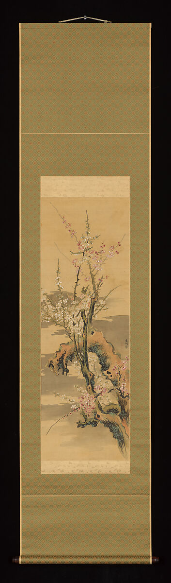 Plum Blossoms, Kuwayama Gyokushū (Japanese, 1746–1799), Hanging scroll; ink and color on silk, Japan