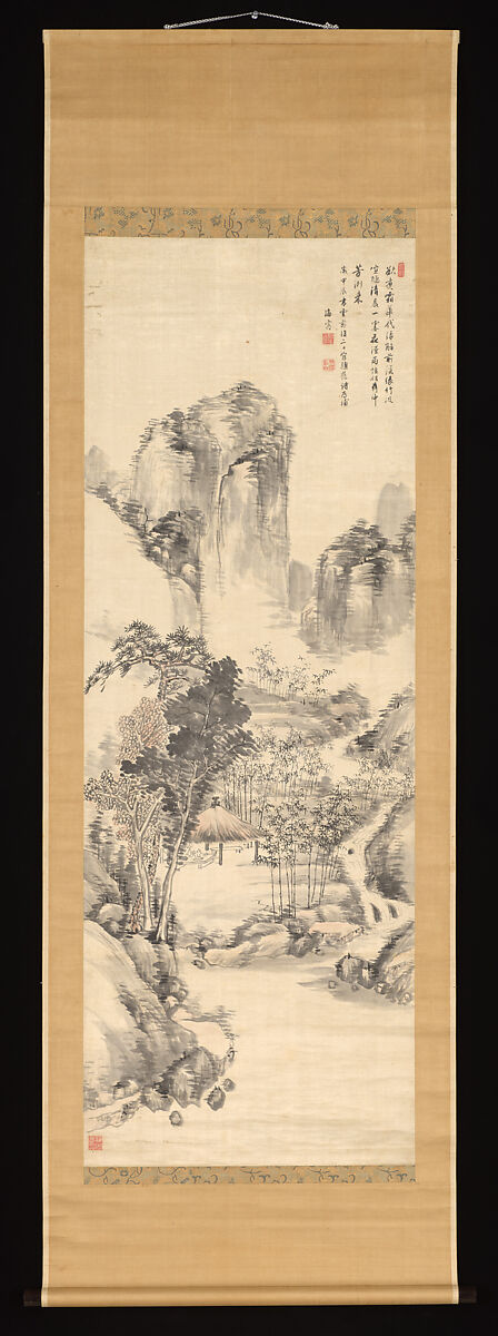 Making Sencha by a Bamboo Grove and Stream, Nukina Kaioku (Japanese, 1778–1863), Hanging scroll; ink and color on satin, Japan