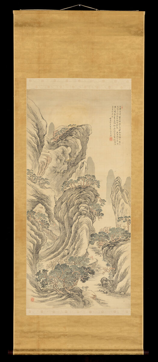Scenic View of Yabakei Gorge, Ōita Prefecture, Hoashi Kyōu (Japanese, 1810–1884), Hanging scroll; ink and color on silk, Japan