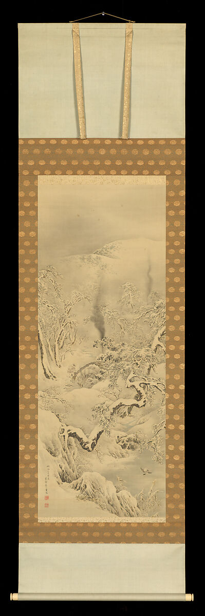 Charcoal Kiln in Snow, Mori Kansai (Japanese, 1814–1894), Hanging scroll; ink and color on silk, Japan