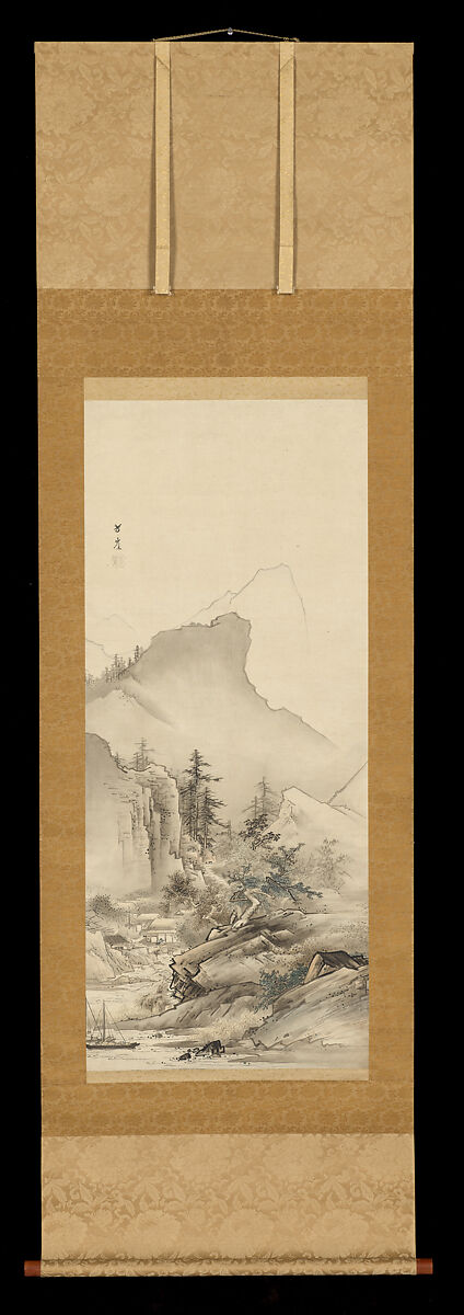 Mountain Village in Spring, Kano Hōgai (Japanese, 1828–1888), Hanging scroll; ink and color on paper, Japan