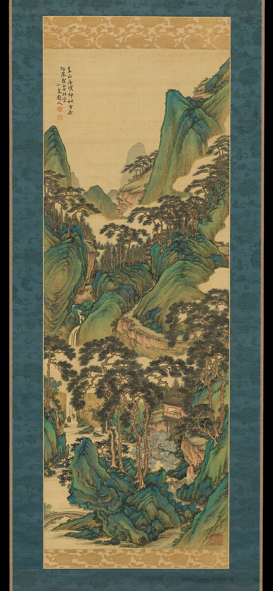 Temple in the Valley of Pines with a Couplet, Tanomura Chokunyū (Japanese, 1814–1907), Set of hanging scrolls: ink and color on silk (painting); ink on satin (calligraphy), Japan