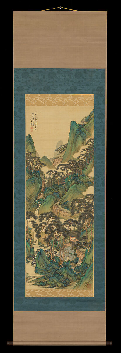 Temple in the Valley of Pines with a Couplet, Tanomura Chokunyū (Japanese, 1814–1907), Set of hanging scrolls: ink and color on silk (painting); ink on satin (calligraphy), Japan