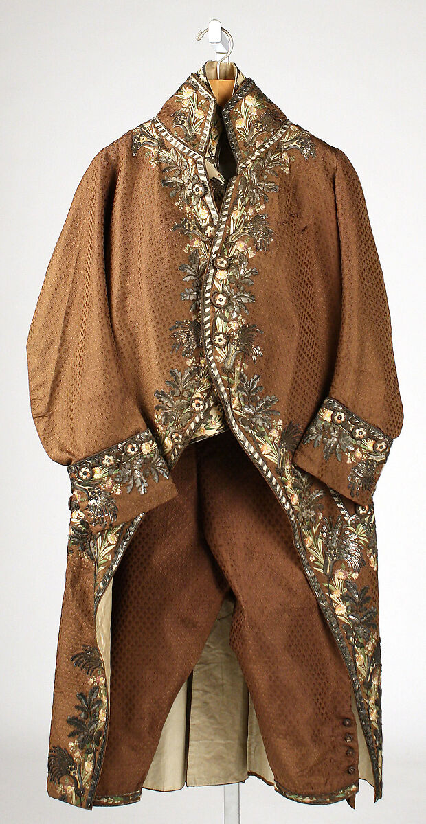 Suit, silk, metallic thread, French 