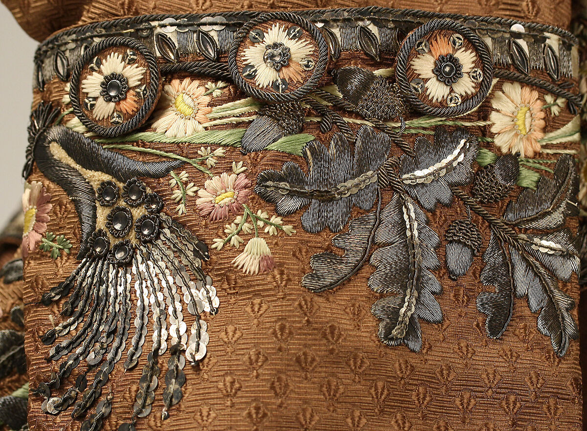 Suit, silk, metallic thread, French