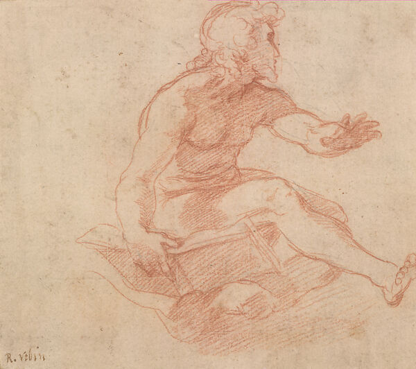 Study for Seated Apostle in the Transfiguration (recto); Sketches for the Plan of Saint Peter's (verso), Raphael (Raffaello Sanzio or Santi)  Italian, Red chalk, over preliminary stylus underdrawing and squaring in stylus (recto); red chalk, pen and brown ink (verso)