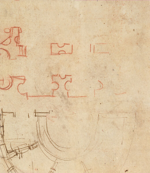 Study for Seated Apostle in the Transfiguration (recto); Sketches for the Plan of Saint Peter's (verso), Raphael (Raffaello Sanzio or Santi) (Italian, Urbino 1483–1520 Rome), Red chalk, over preliminary stylus underdrawing and squaring in stylus (recto); red chalk, pen and brown ink (verso)
