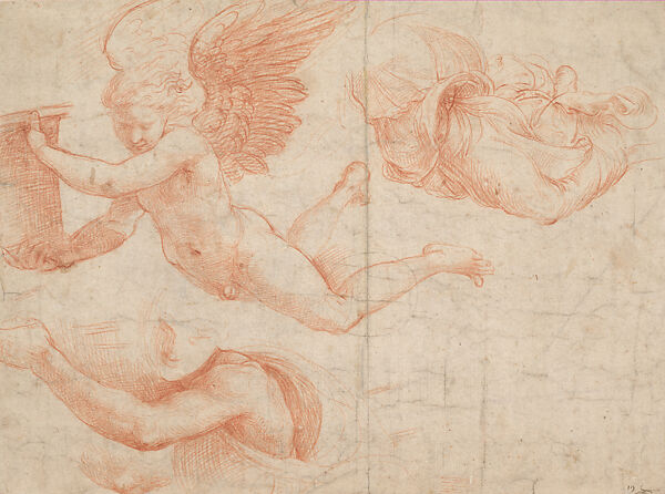 Flying Angel (Study for the Chigi Chapel, Santa Maria della Pace), Raphael (Raffaello Sanzio or Santi)  Italian, Red chalk over preliminary stylus underdrawing