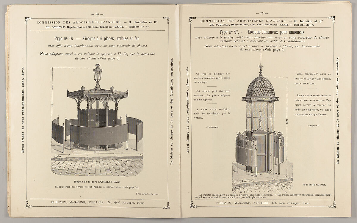 Urinoirs : publics et privés, kiosques, sièges et cabinets communs, G. Larivière et Cie