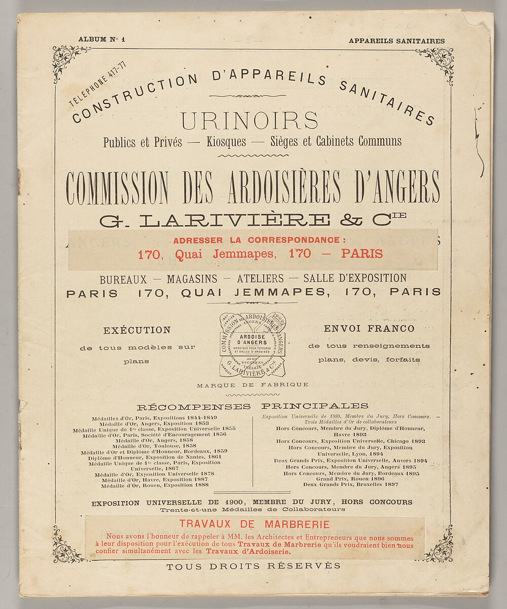 Urinoirs : publics et privés, kiosques, sièges et cabinets communs, G. Larivière et Cie
