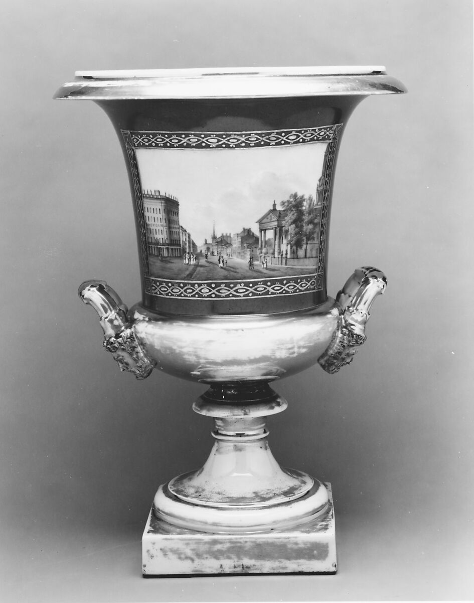 Urn, Porcelain, overglaze enamel decoration, gold, painted with views of New York City, French