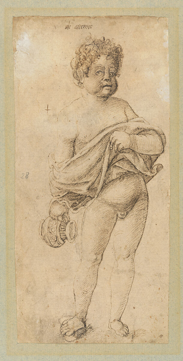 Putto holding a ceramic jug and exposing his genitals, Master Artemio (Italian, active Verona ca. 1491), Pen and dark brown ink, over traces of black chalk underdrawing 