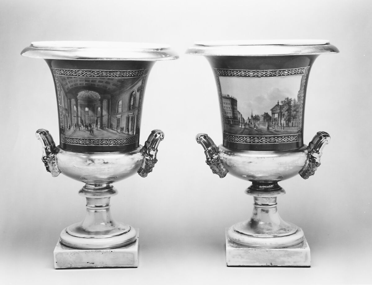 Urn, Porcelain, overglaze enamel decoration, gold, painted with views of New York City, French