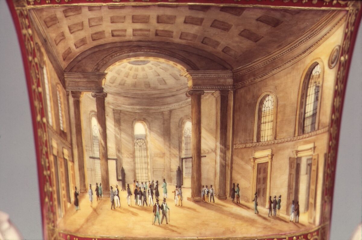 Urn, Porcelain, overglaze enamel decoration, gold, painted with views of New York City, French