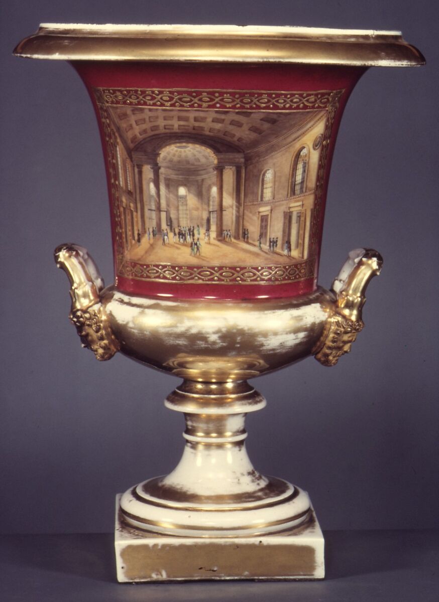 Urn, Porcelain, overglaze enamel decoration, gold, painted with views of New York City, French 