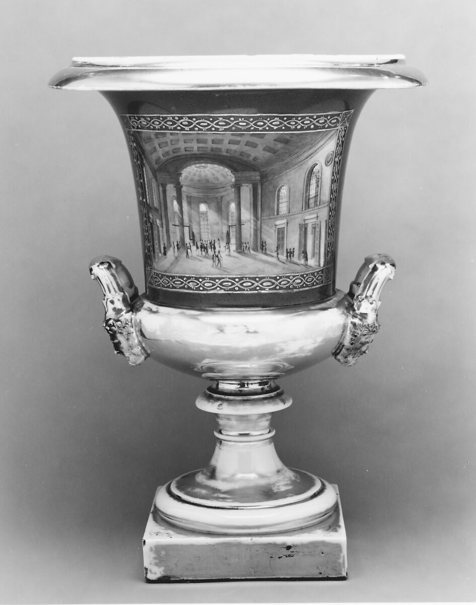Urn, Porcelain, overglaze enamel decoration, gold, painted with views of New York City, French