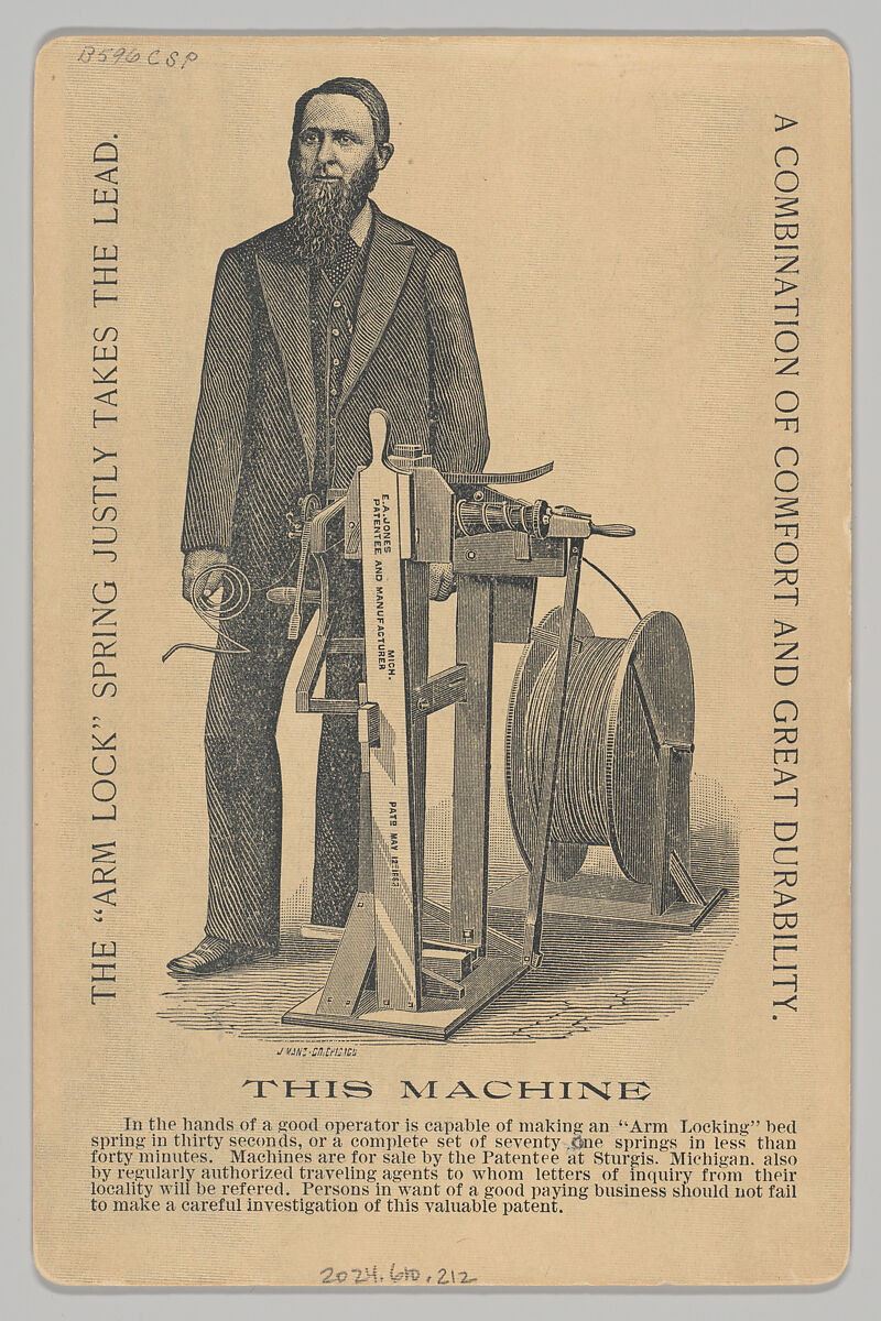 [Merchants' Carnival Portrait: E.A. Jones Arm Lock Bed Springs, Sturgis, Michigan], Frank Rufus Barrows (American, 1854–1920), Albumen silver print