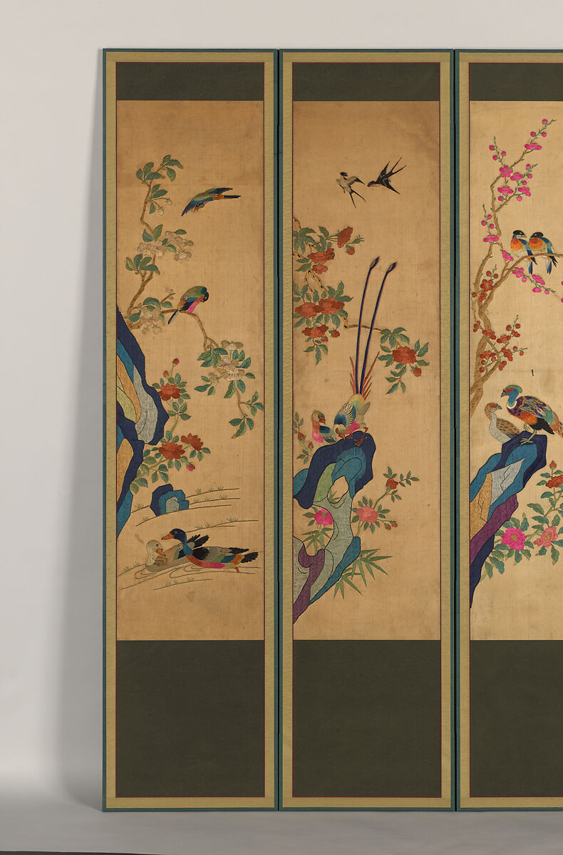 Birds and Flowers, Ten-panel folding screen, silk embroidery, Korea