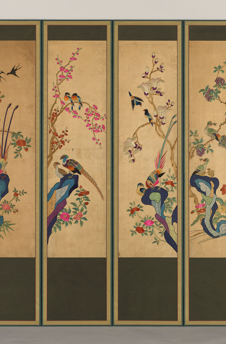 Birds and Flowers, Ten-panel folding screen, silk embroidery, Korea