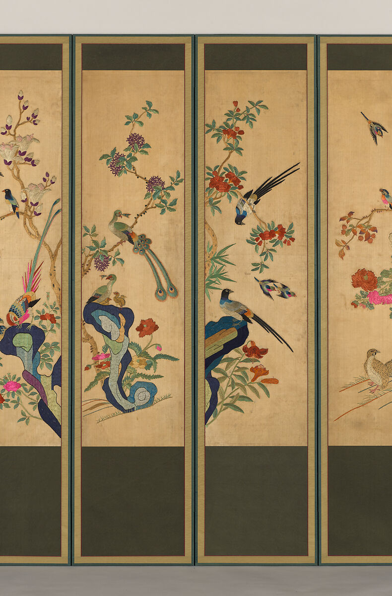 Birds and Flowers, Ten-panel folding screen, silk embroidery, Korea