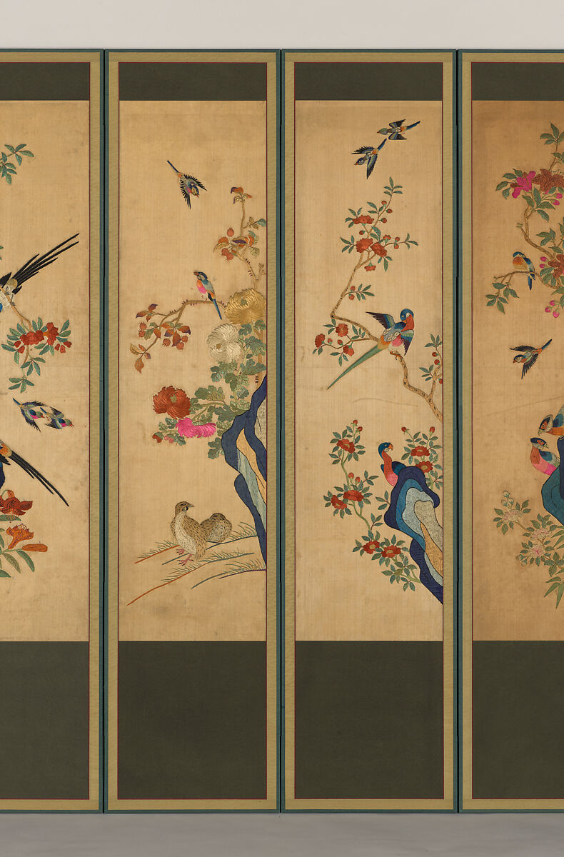Birds and Flowers, Ten-panel folding screen, silk embroidery, Korea