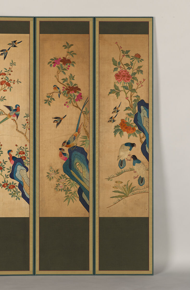 Birds and Flowers, Ten-panel folding screen, silk embroidery, Korea