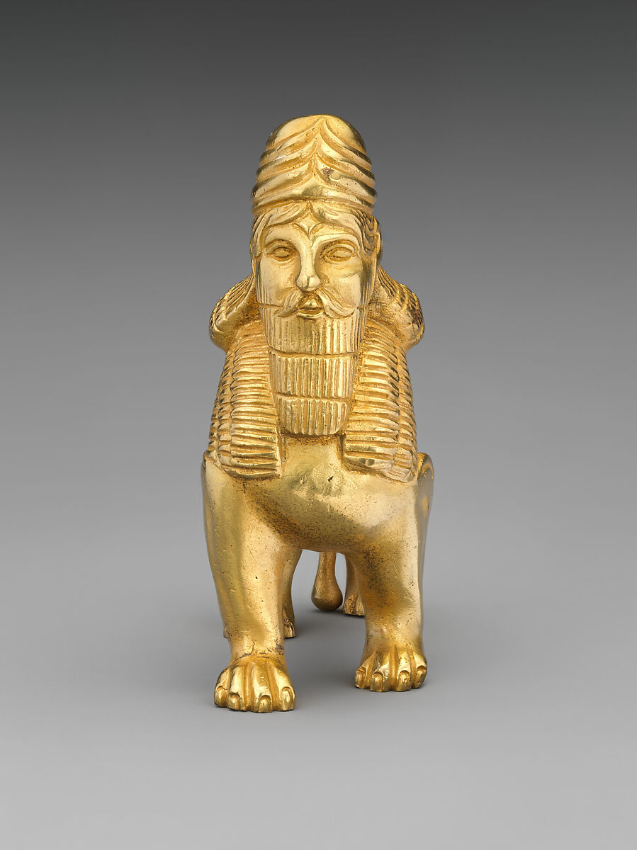 Human-headed winged bull and lion, Gilt bronze, British