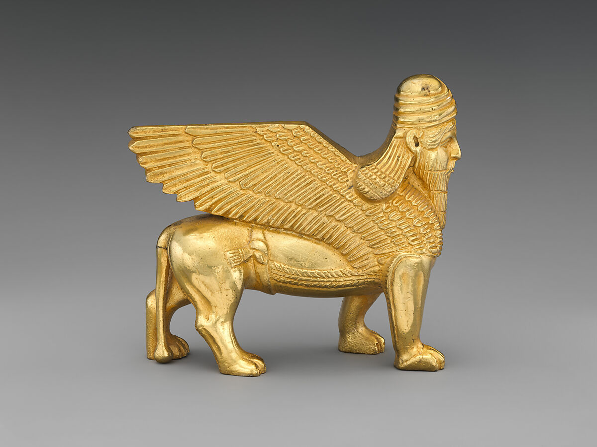 Human-headed winged bull and lion, Gilt bronze, British