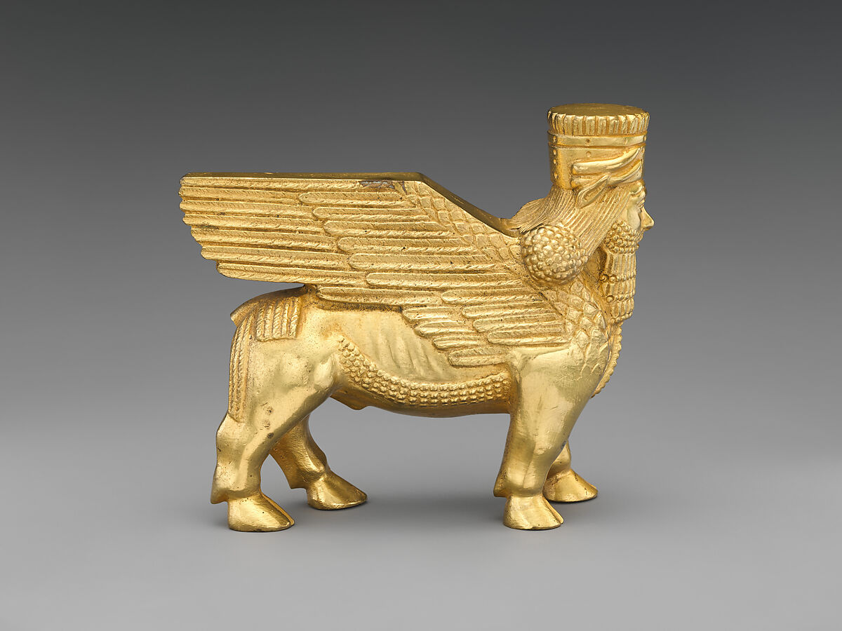 Human-headed winged bull and lion, Gilt bronze, British
