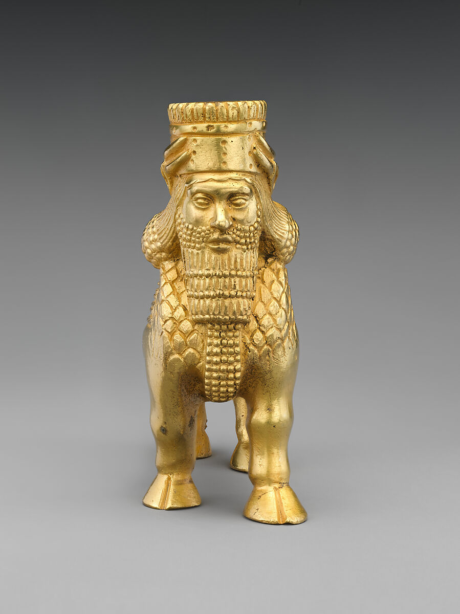 Human-headed winged bull and lion, Gilt bronze, British
