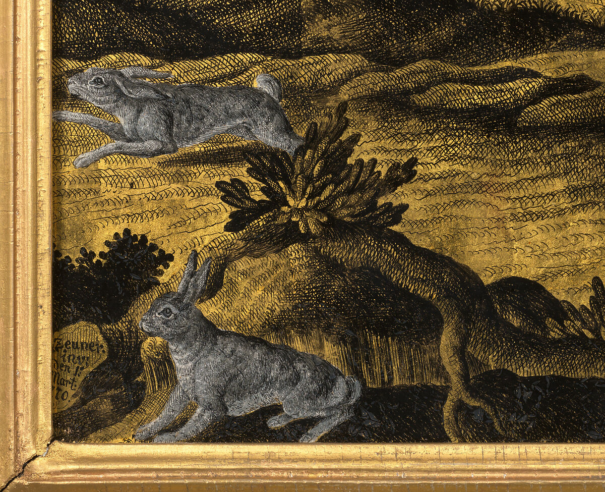 Hunting Scene, Jonas Zeuner (Dutch, Kassel 1727–1814 Amsterdam), Engraving in gold and silver foil behind glass, black lacquer; gilt-wood frame, Dutch, Amsterdam