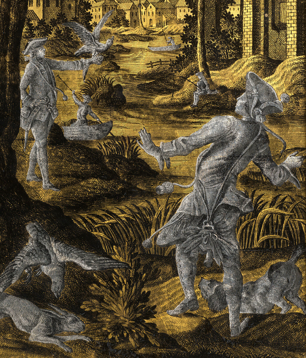 Hunting Scene, Jonas Zeuner (Dutch, Kassel 1727–1814 Amsterdam), Engraving in gold and silver foil behind glass, black lacquer; gilt-wood frame, Dutch, Amsterdam