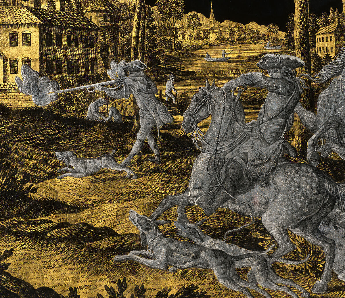 Hunting Scene, Jonas Zeuner (Dutch, Kassel 1727–1814 Amsterdam), Engraving in gold and silver foil behind glass, black lacquer; gilt-wood frame, Dutch, Amsterdam