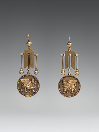 Earrings with Assyrian human-headed winged bulls