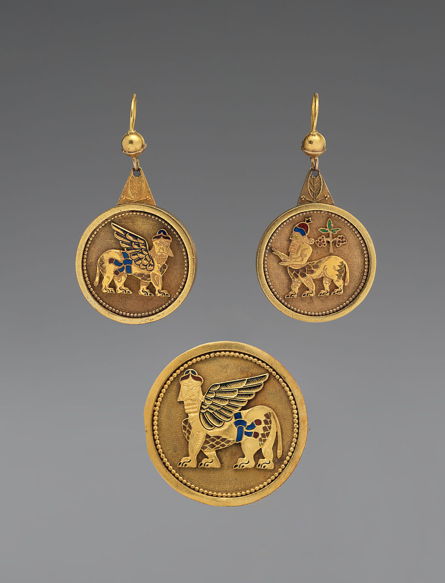 Earrings with Assyrian motifs, Gold, enamel, British