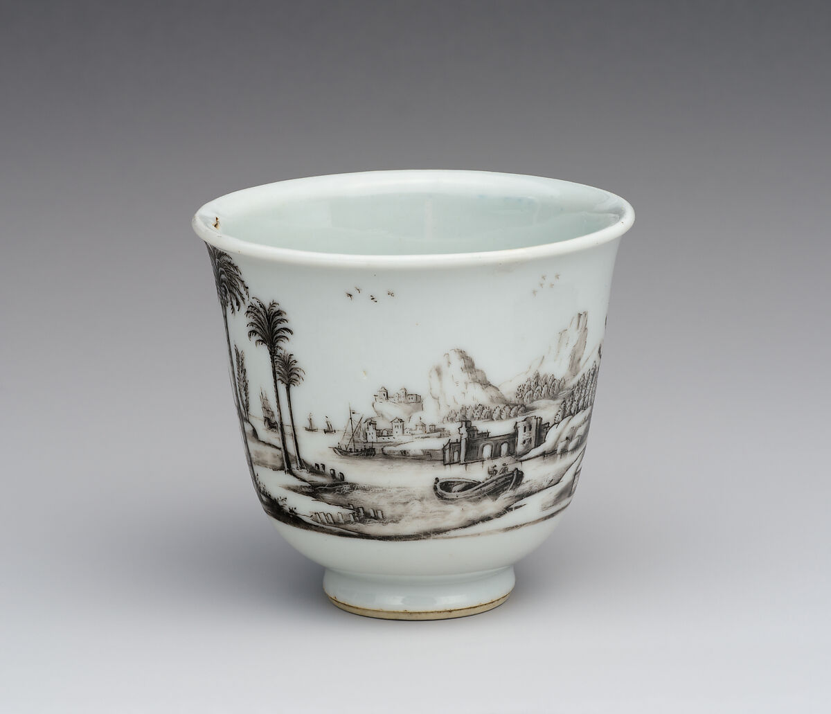 Beaker with “Posteleӱn Verkooping” (porcelain selling), Decorated in the Workshop of Daniel Preissler (Bohemian, Prague, active 1675- 1733 Kunstàt), Jingdezhen hard-paste porcelain with enamel decoration, Chinese, Jingdezhen with Bohemian, Kronstadt (present-day Kunstàt, Czech Republic) decoration