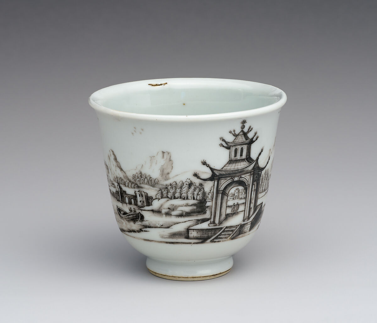 Beaker with “Posteleӱn Verkooping” (porcelain selling), Daniel Preissler  Bohemian, Jingdezhen hard-paste porcelain with enamel decoration, Chinese, Jingdezhen with Bohemian, Kronstadt (present-day Kunstàt, Czech Republic) decoration
