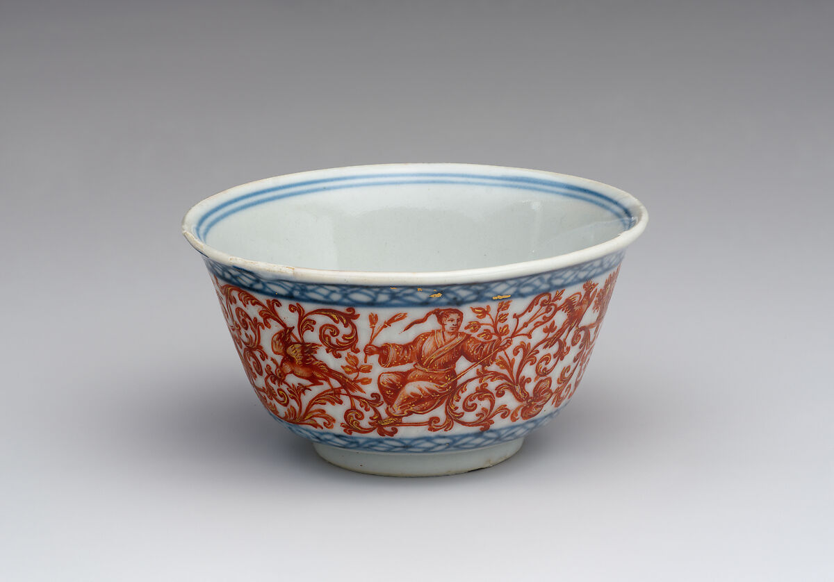 Teabowl with Chinoiserie decoration, Ignaz Preissler (Bohemian, Bedřichovka ca.1676–1741 Kunstàt), Jingdezhen porcelain with underglaze blue border, decorated in iron-red enamel and gold decoration, Chinese, Jingdezhen with Bohemian, Kronstadt (present-day Kunstàt, Czech Republic) decoration