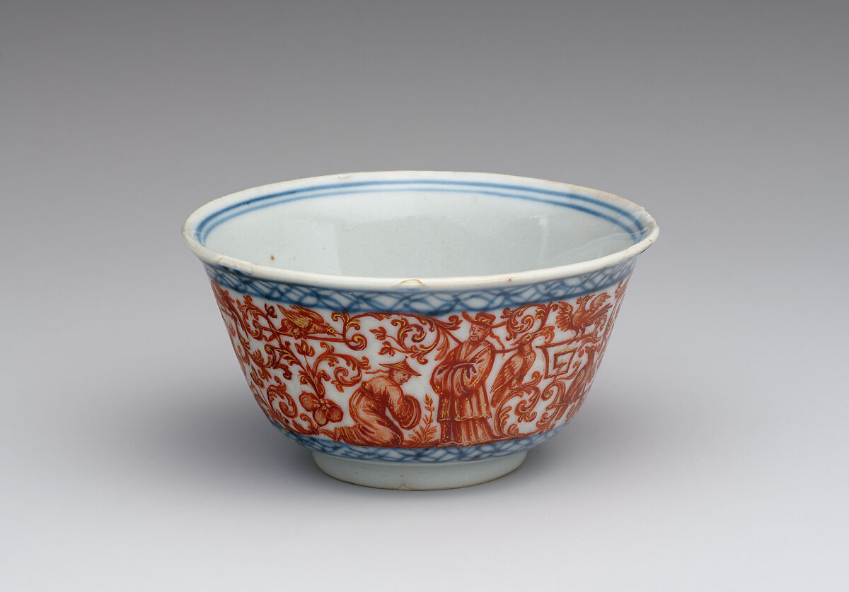 Teabowl with Chinoiserie decoration, Ignaz Preissler (Bohemian, Bedřichovka ca.1676–1741 Kunstàt), Jingdezhen porcelain with underglaze blue border, decorated in iron-red enamel and gold decoration, Chinese, Jingdezhen with Bohemian, Kronstadt (present-day Kunstàt, Czech Republic) decoration