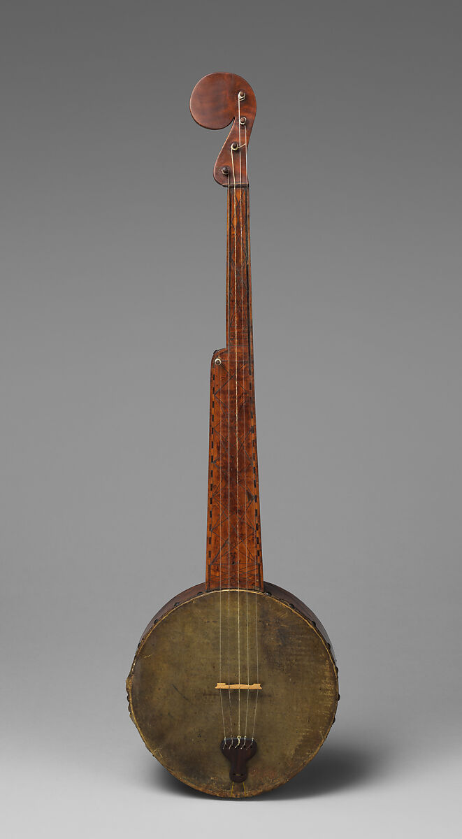 Fretless tackhead banjo, Maple and various other woods, metal tacks, calfgut strings , American