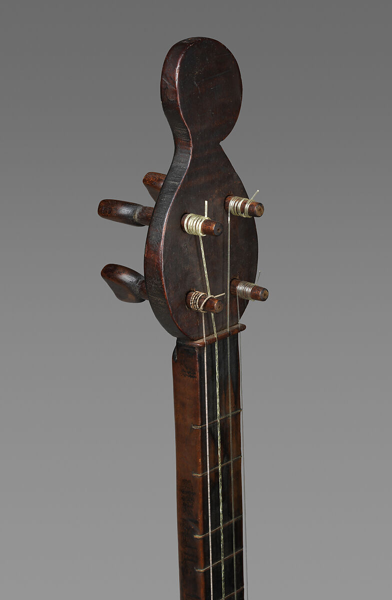 Fretted banjo with two short strings, Henry Stichter, Various woods, metal hardware, leather, calfskin head, calfgut strings, American