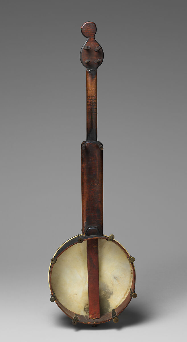 Fretted banjo with two short strings, Henry Stichter, Various woods, metal hardware, leather, calfskin head, calfgut strings, American
