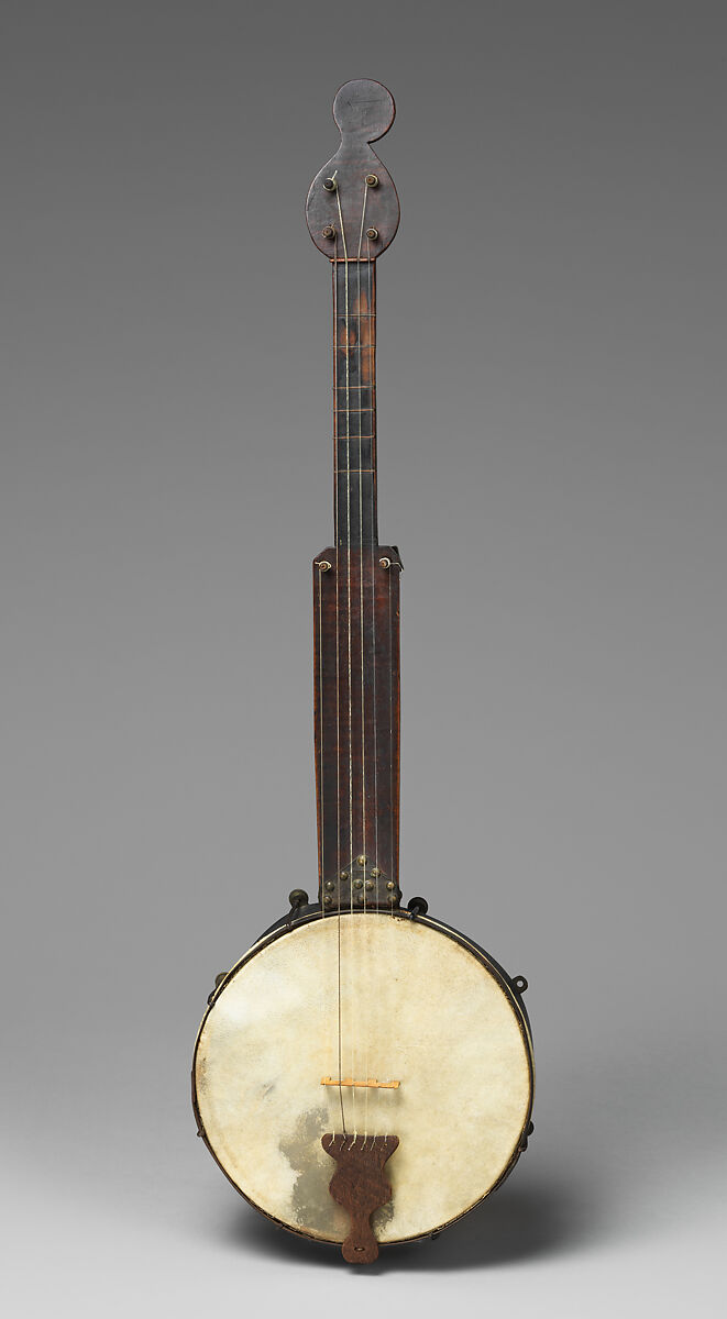 Fretted banjo with two short strings, Henry Stichter, Various woods, metal hardware, leather, calfskin head, calfgut strings, American