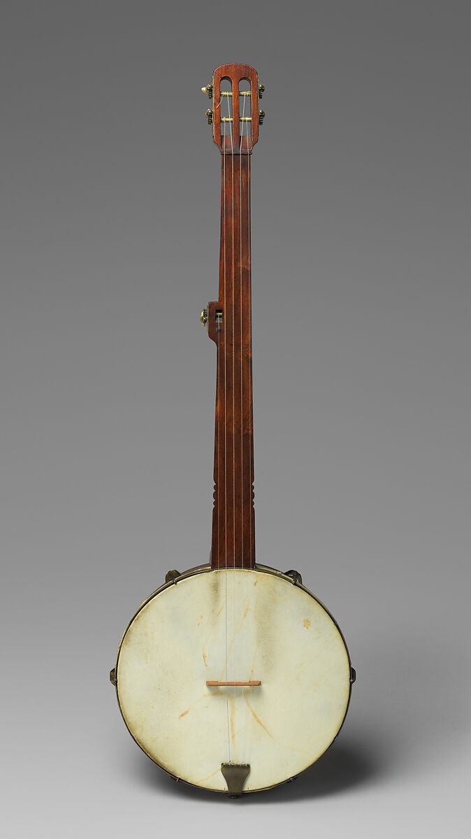 Fretless banjo with baluster-back neck, Various woods, metal hardware, bone knobs, calfskin head, calfgut strings, American 