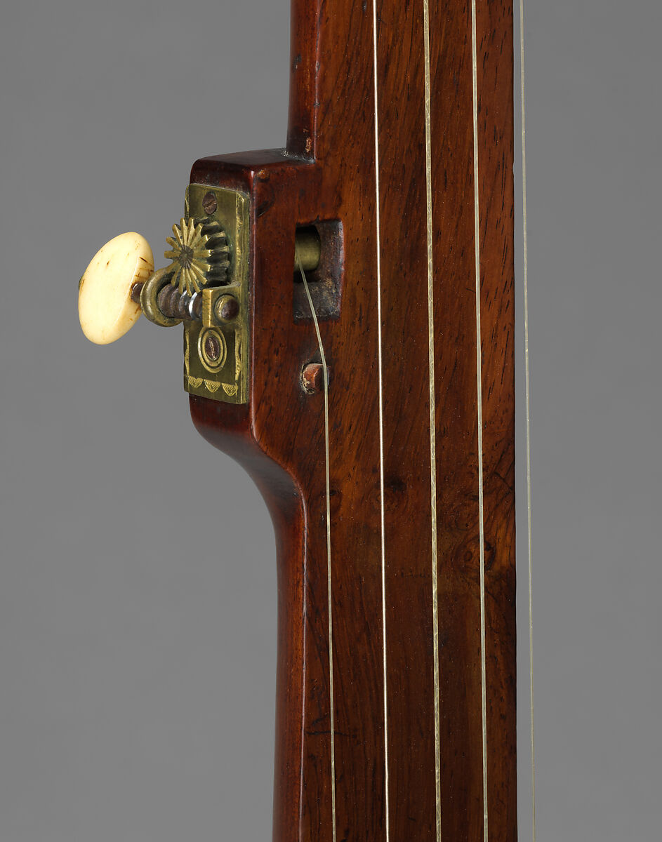 Fretless banjo with baluster-back neck, Various woods, metal hardware, bone knobs, calfskin head, calfgut strings, American