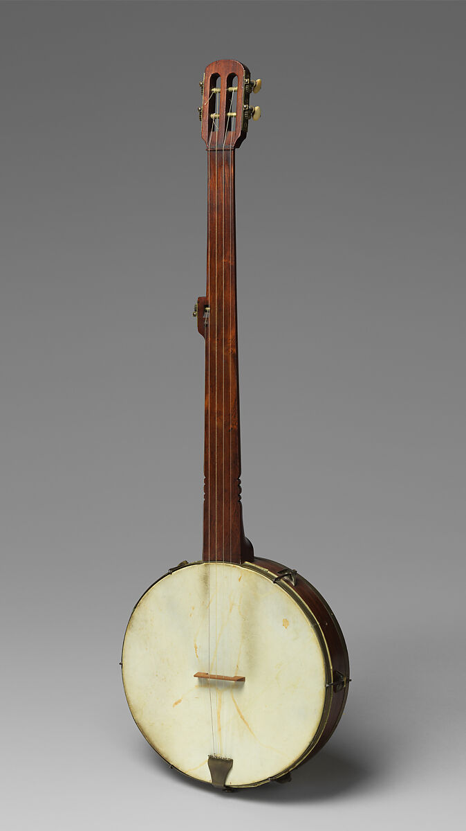 Fretless banjo with baluster-back neck, Various woods, metal hardware, bone knobs, calfskin head, calfgut strings, American