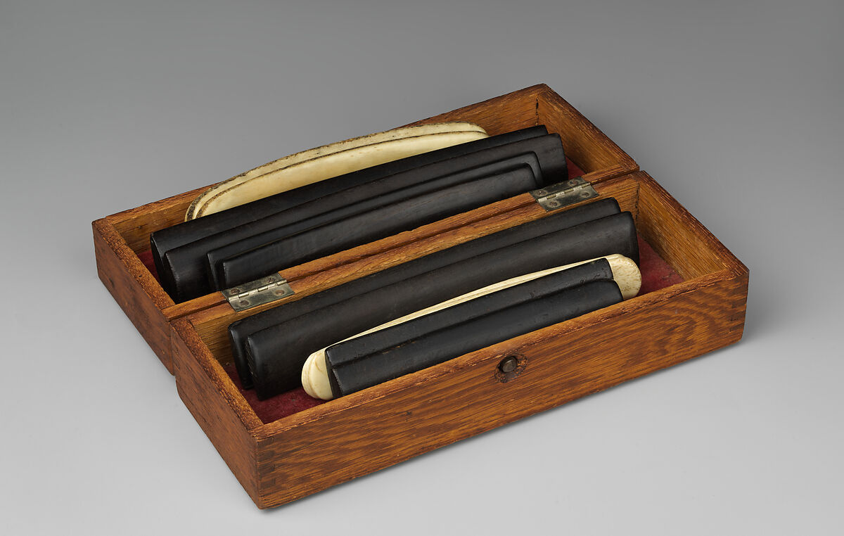 Kit of six pairs of Percussion Bones (clappers), Ebony, bone, various woods, American