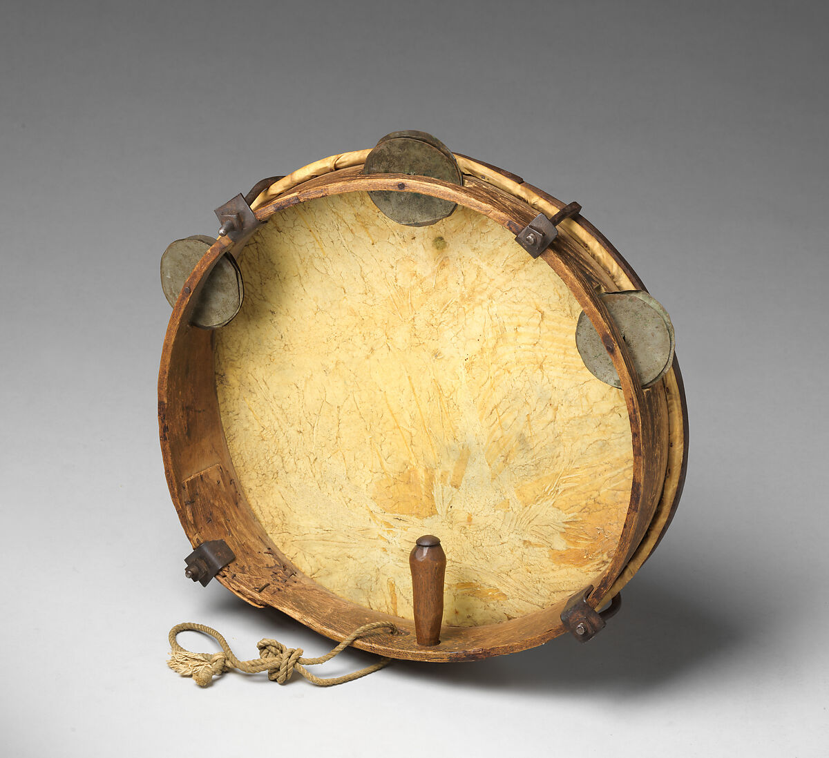 Tambourine, Various woods, metal hardware, calfskin head , American